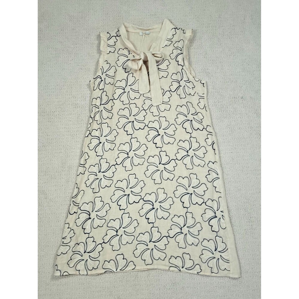 Bellambra Shift Dress Large Blue Beige 100% Linen Floral Embroidered Italy NEW